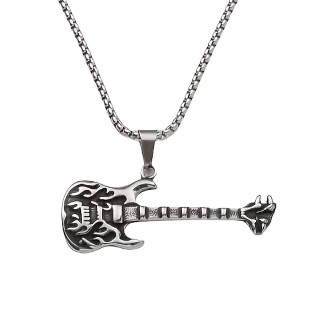 Flaming Guitar Rocker Necklace and Pendant #857